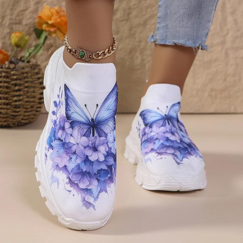 Fashion Fashion Butterfly Print Knit Sneakers for Women Breathable Mesh Platform Sneakers Shoes Woman Plus Size Thick Sole Walking Shoes