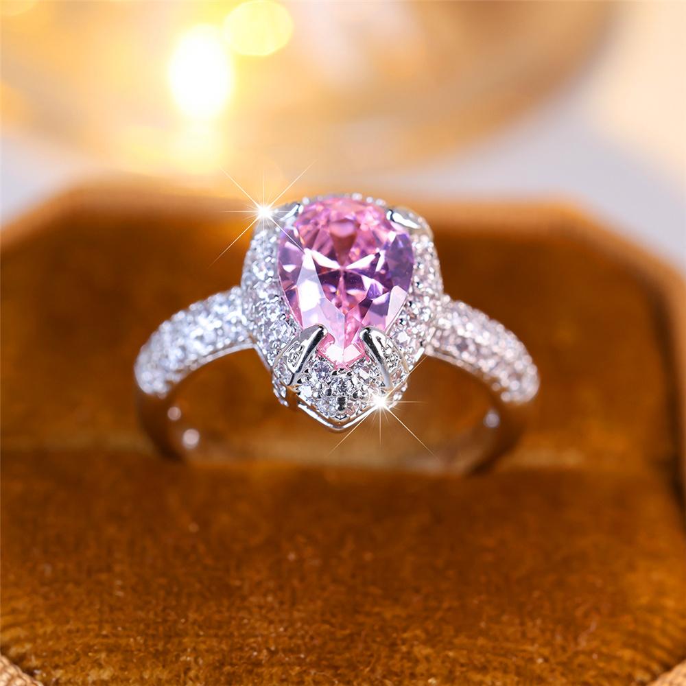 Size 6/7 Female Crystal Pink Zircon Stone Water Drop Engagement Ring Vintage Silver Color Wedding  For Women