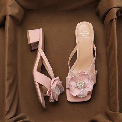 Fashion New Style Fashion Women's French Square Head Thick with Pearl Flower Flip-flops Women Wear Open-toed Flip-flops with Mid-heels
