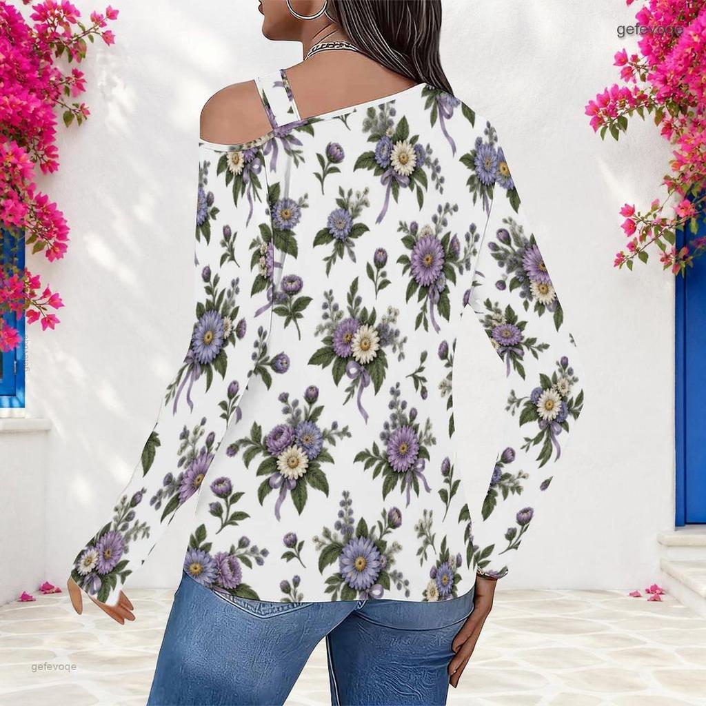 Women Plus Size White Asymmetric Cutout Neck Cold Shoulder Long Sleeve Floral Printed Top
