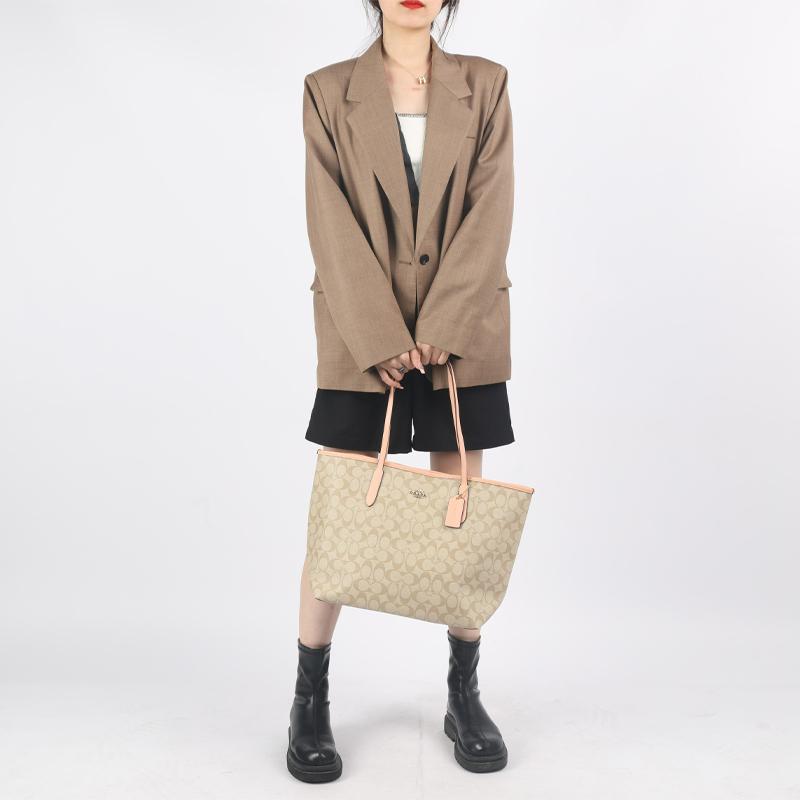 New COACH City Canvas With Smooth Leather Tote Bag Shopping Bag Handbag Shoulder Bag Large Size Women's Khaki 5696-IMTYF
