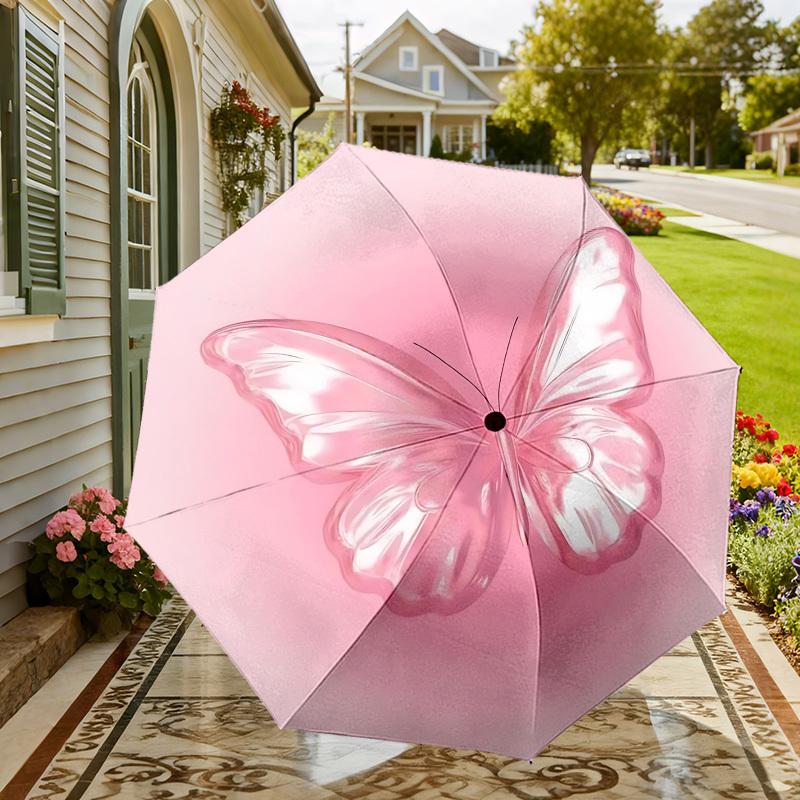 1pc Butterfly Pink Automatic Folding Umbrella 8 Rib Iron Frame,  Suitable for Travel, Daily Use, Birthday, Women & Men Gift c1231041