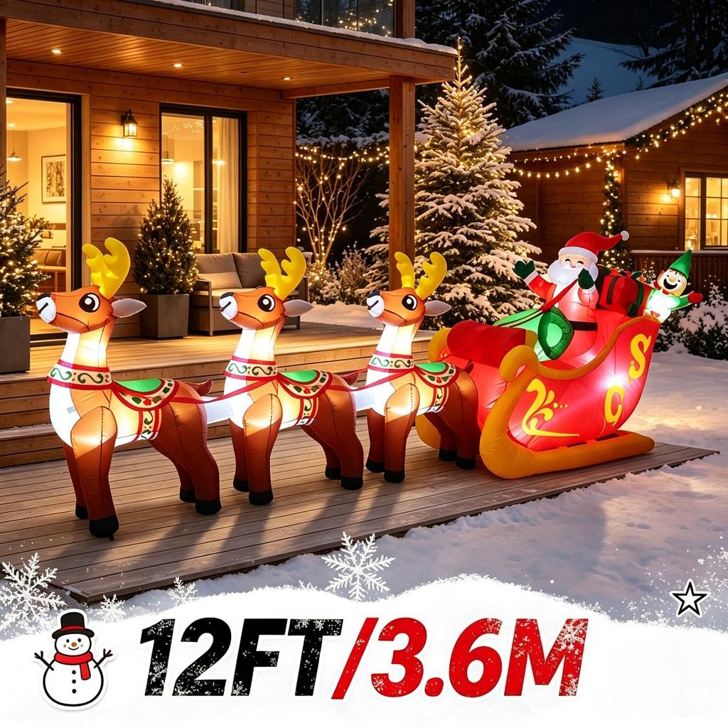 12FT/3.6M Inflatable Santa Claus Sleigh with 3 Reindeer and Elf, Glowing Christmas Outdoor Yard Decor