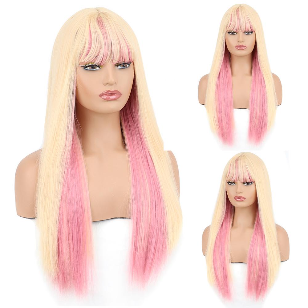 MISSQUEEN Long Black and Grey Straight Synthetic Heat Resistant Fiber Wig for Women Pink Gold Wig Cosplay Lolita Wig