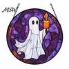 Sunproof Courtyard Decorations Halloween Stained Glass Suncatcher Ornament, Vintage Hanging Window Decor with Pumpkin Ghost Bat Witch Retro Dark Style