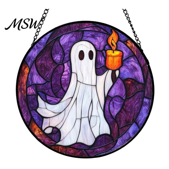 Sunproof Courtyard Decorations Halloween Stained Glass Suncatcher Ornament, Vintage Hanging Window Decor with Pumpkin Ghost Bat Witch Retro Dark Style