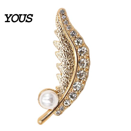 Electroplated Brooch Faux Pearl Rhinestone Feather Brooch, Men Women Lapel Pin, Elegant Pin Sweater Cardigan Coat Business Suit Clothing Jewelry