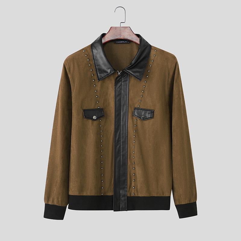 

INCERUN Spring Men s Lapel Neck Long Sleeve PU Patchwork Zipper T-shirts Tops 4XL коричневий