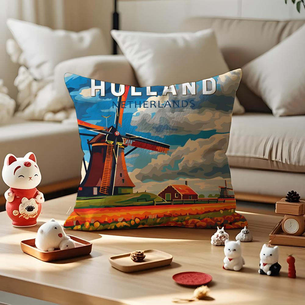 Dutch Windmills & Tulips Cushion Cover Anti-dustmite Pillowcase Invisible Zipper Silky Short Plush Sofa Cushion Cover