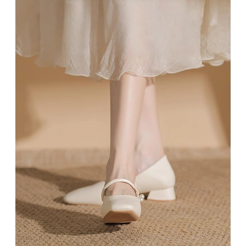 Super soft!! Leather French low heel square head nude Mary Jane shoes cheongsam single shoes work leather shoes commuter women's shoes