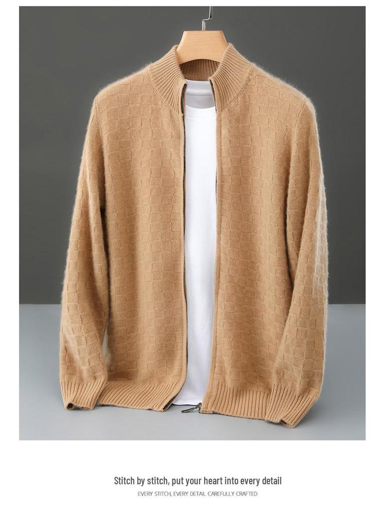 Men's Trendy Plaid Jacquard Wool Cardigan: Loose, Versatile, Long-Sleeved, Knitted, Cashmere Blend, Seven-Needle Thick.