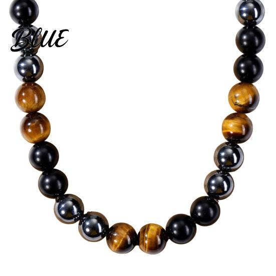 Collana di Perle Occhio di Tigre Perle di Pietra per Uomo Ossidiana Gialla
