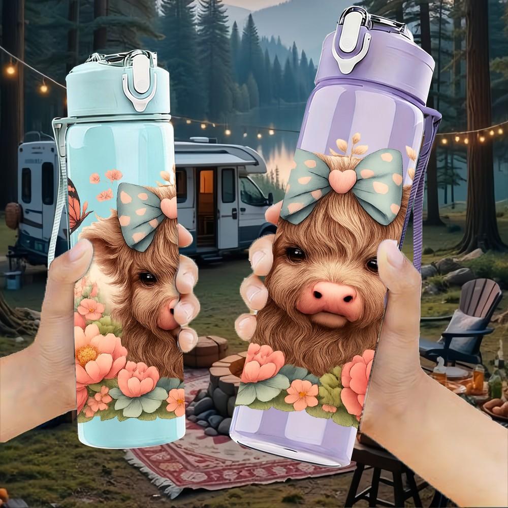 1PC Highland Cow Butterfly Floral Print 750ml Color Plastic Sports Water Bottle Leakproof Flip Straw Lid Suitable for Sports Office Home Use