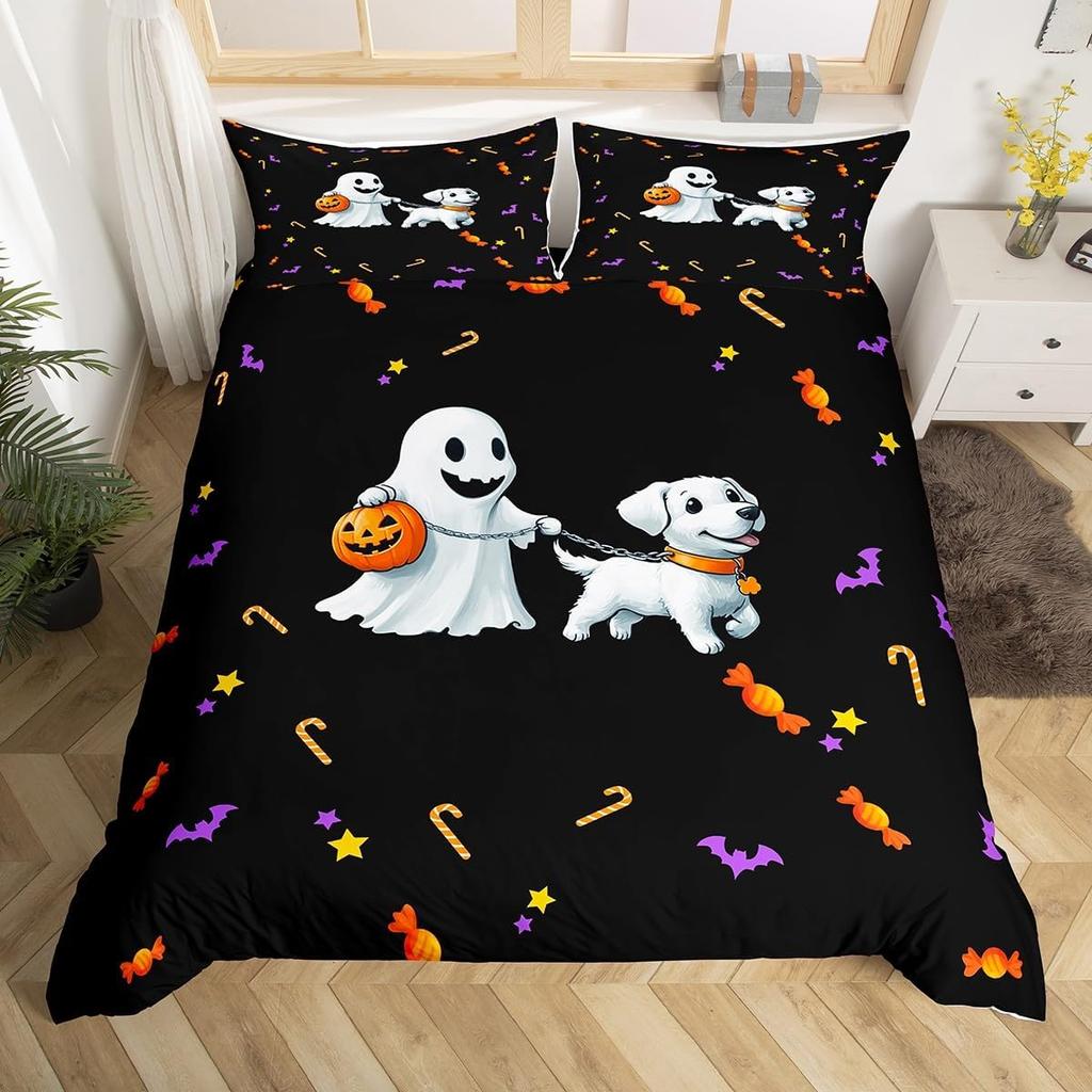 Cute Floral Ghost Duvet Cover Twin King For Boys Girls Room Decor Halloween Theme Bedding Set Boho Flower Print Comforter Cover