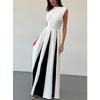 Elegance Round Neck Sleeveless Waist Black and White Color Contrast Patchwork Dress Fashion Evening Dress Women's Dress Dresses