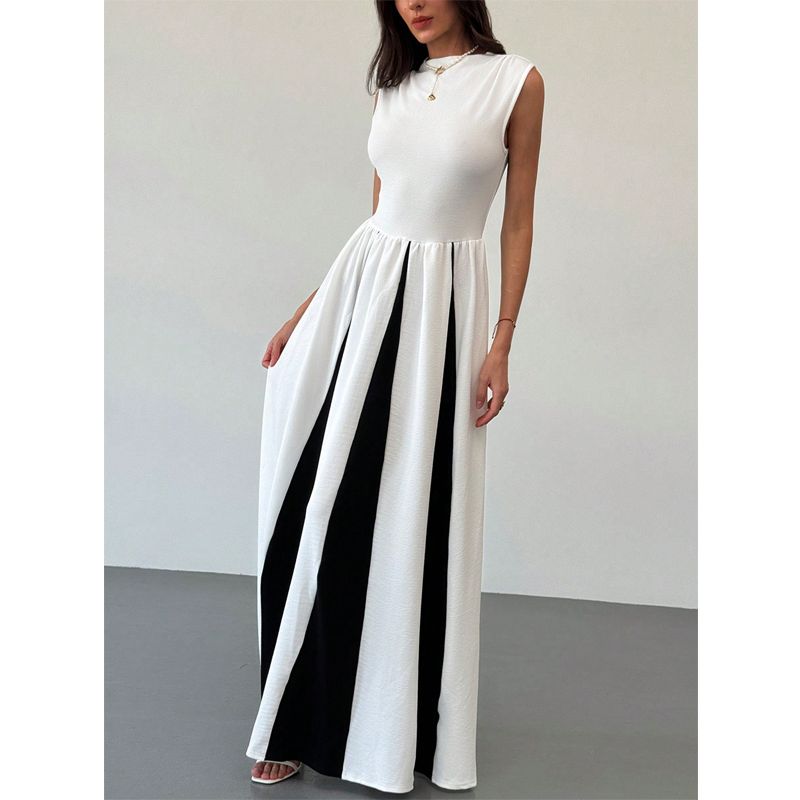 Elegance Round Neck Sleeveless Waist Black and White Color Contrast Patchwork Dress Fashion Evening Dress Women's Dress Dresses