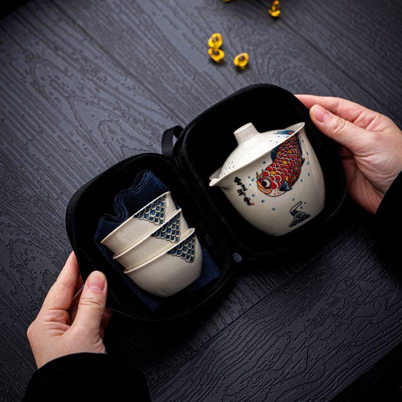 Plant ash ceramic tea set handheld tea pot, travel teaware quick- cup portable outdoor 1 teapot  3 cups, gongfu teaware