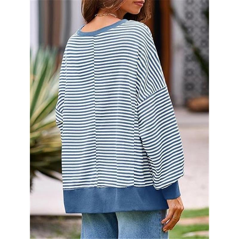 Dames Gestreept Crewneck Sweatshirt Los Oversized Lange Mouw Pullover Casual Dagelijks Blouse Top