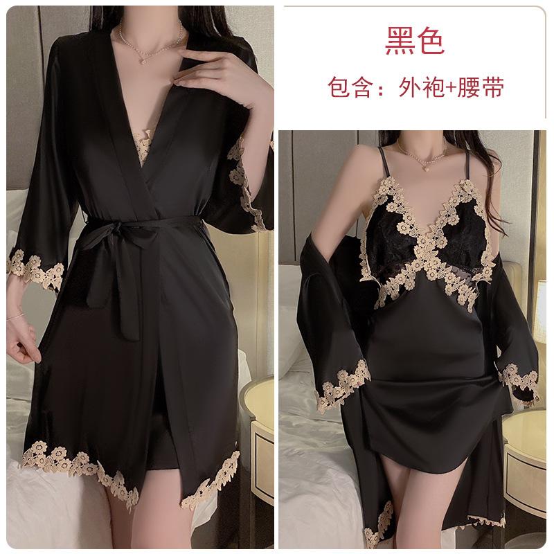 Women's Satin Embroidered Lace Deep V Backless Sleep Dress with Loose Robe Lounge Set