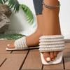 Luxury Pearl Bead Strap Slippers Women Summer Elegant Square Toe Flat Heel Slip On Sandals Silver Glitter Beach Slides