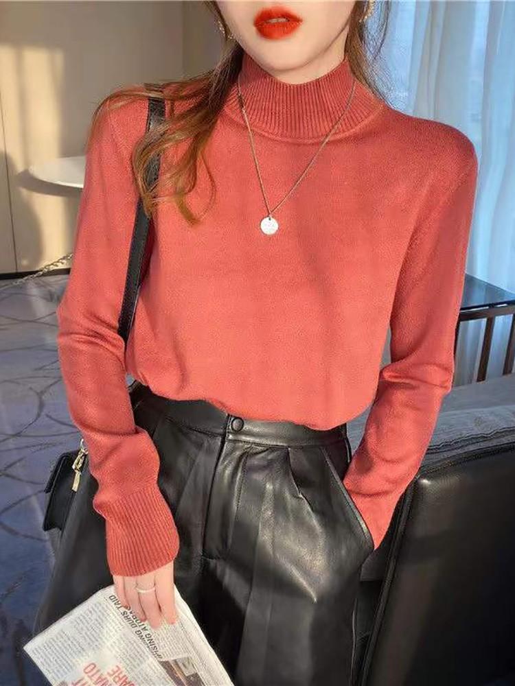 Осенне-зимний шикарный низ свитера женские модные водолазки пуловеры свободные длинные рукава вязаные джемперы мягкие теплые джемперы женские топы One Size кирпич красный