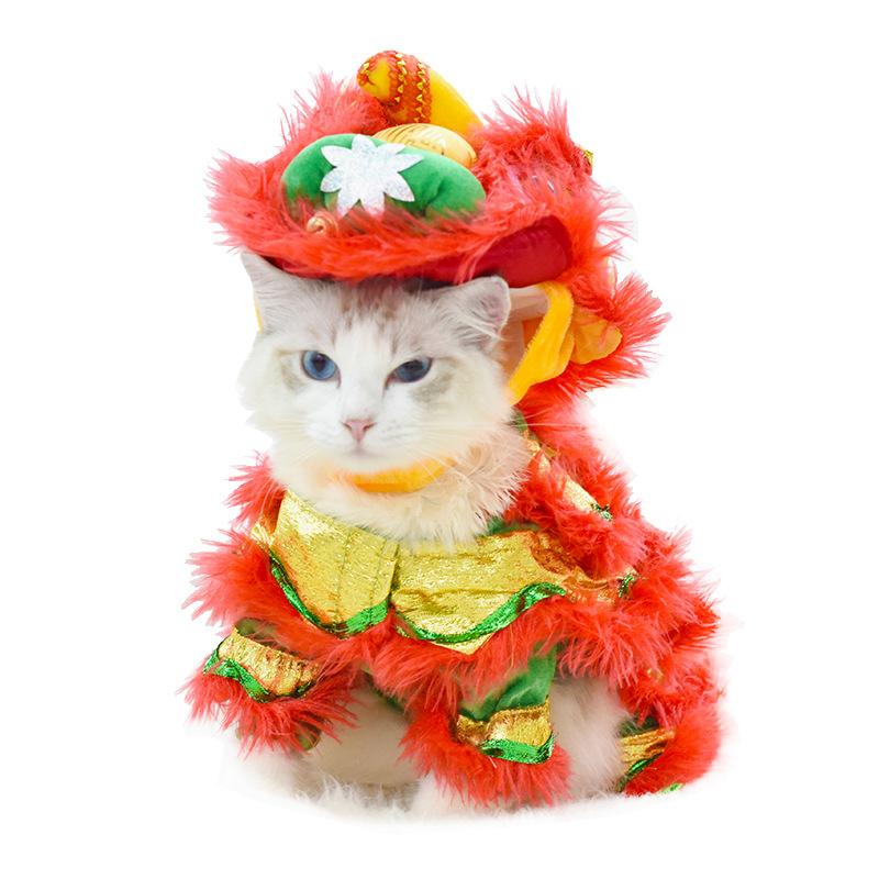 Funny and Quirky Cat Clothes, Spring and Autumn Lion Dance Dog Costume, Same Style, Red Festive New Year Pet Clothing