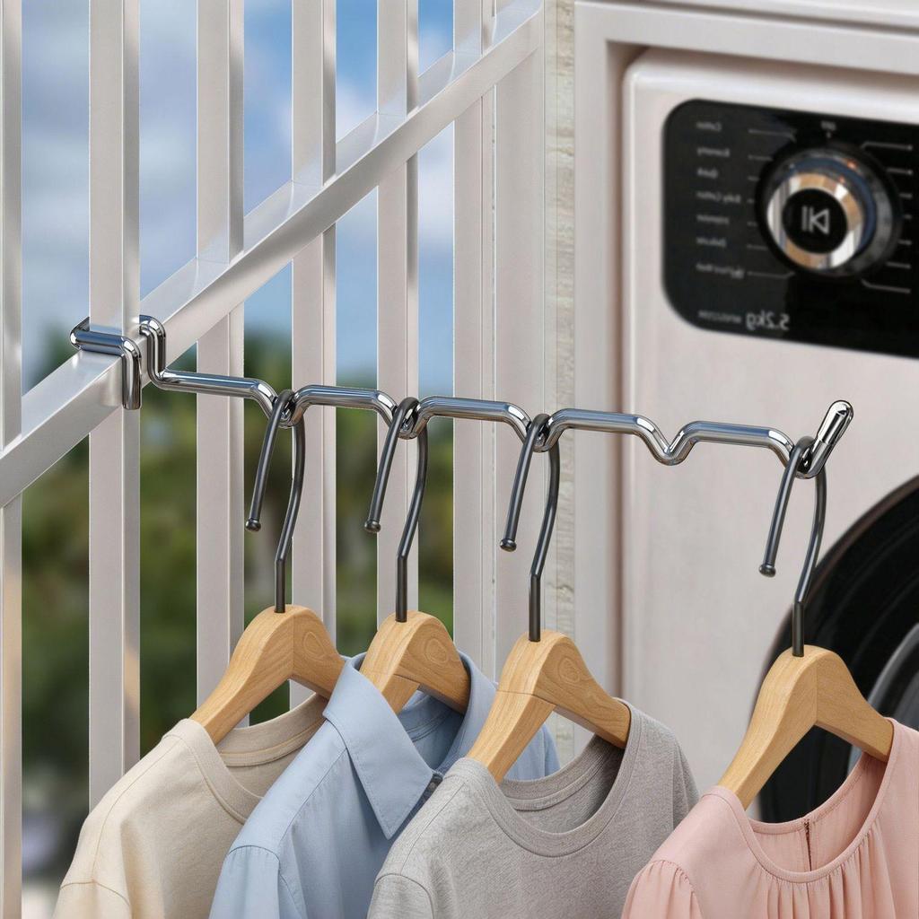 Balcony Anti-Theft Clothes Drying Hanger with Window Guard and Rail Hooks