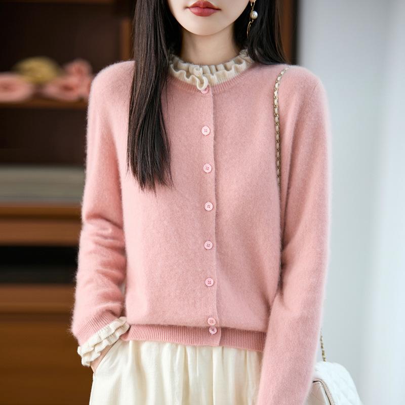 French Fungus Edge 100% Wool Sweater Women'S Autumn And Winter Round Neck Loose Knitted Cardigan Top Jacket Pullover Sweater