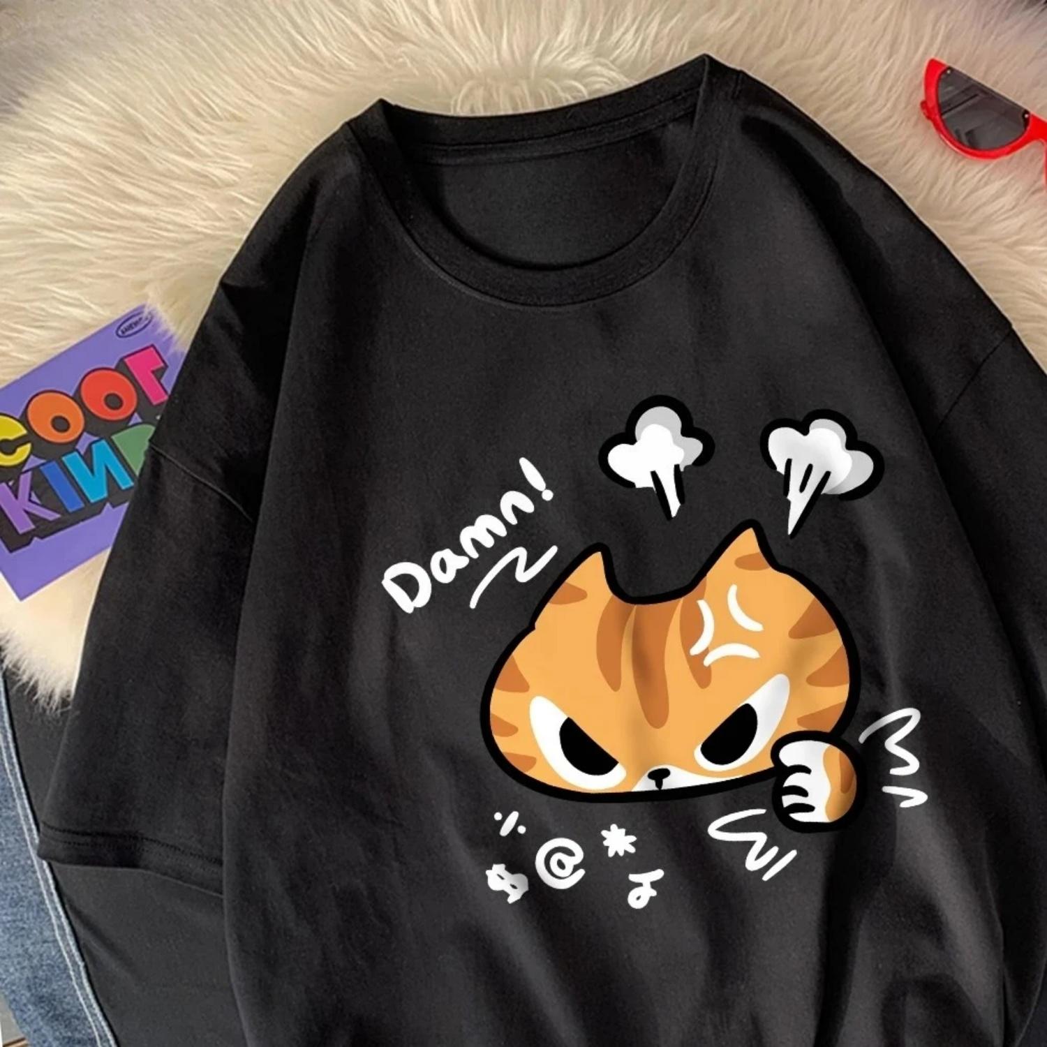 

The Angry Cat Printed Round-neck and Womens Top Clothing 2025 New Fashion Summer Woman Clothing Cartoon Ladies Graphic T-Shirt S чёрный