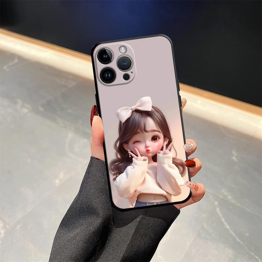 Cartoon Girl Pattern Case for iPhone XS Max XR 13 12 11 17 Pro Max 7 8 17Air 15 16 14 Plus Black Soft Phone Cover
