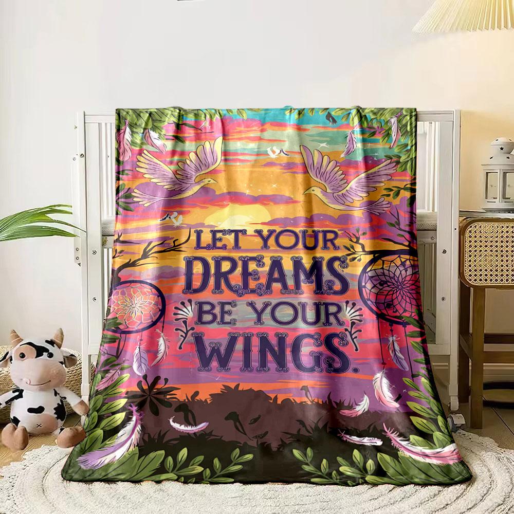 

Dreamcatchers, feathers, and flying birds against a vibrant sunset sky. for all seasons blanket lunch break throw gift 80cm x 120cm