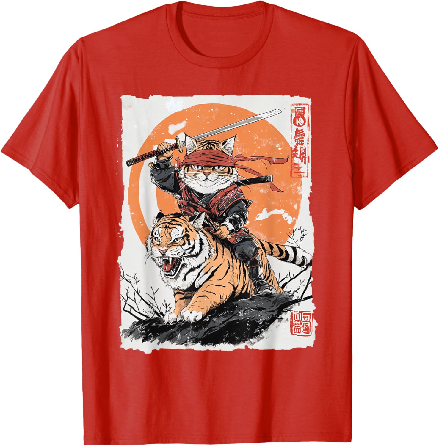 Ninja Cat Riding Tiger Samurai Japanese Art Graphic Tee Casual Short Sleeve TShirt For Men Women S