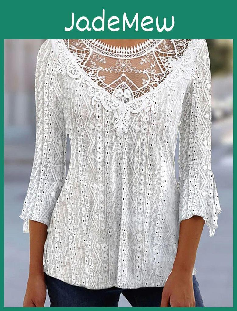Casual Womens Deep Vneck Lace Tshirts Comfortable Hollow Out 34 Sleeve Irregular Blouses Ladies Elegant Patchwork Pullover Tops
