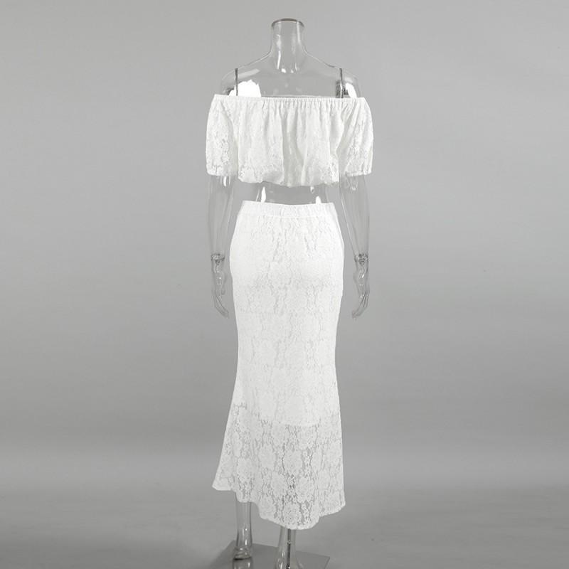 2026 Elegant White Lace Dress Set Women French Strapless Long 2 Piece