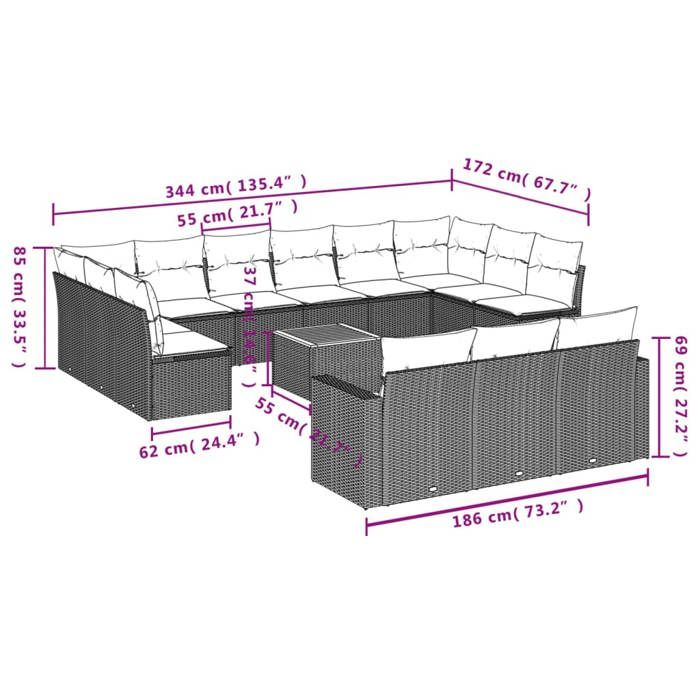 VidaXL Salon de Jardin avec Coussins 14 pcs, Canapés de Terrasse, Ensemble de Meubles de Patio, Mobilier d'Extérieur, Noir 3256692
