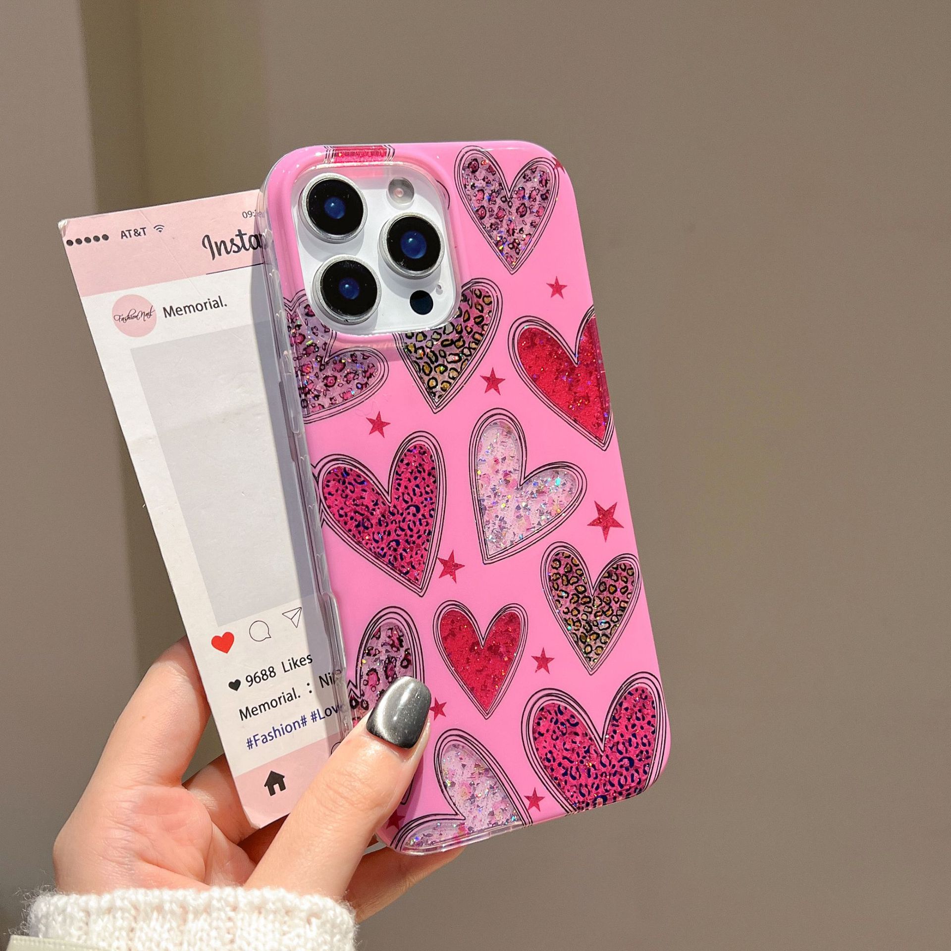 

Glitter Sequin Leopard Heart Pattern Compatible with Apple 16 Phone Case iPhone 17 Pro Max New 15/14 Double Layer 17Pro max(without Packagi