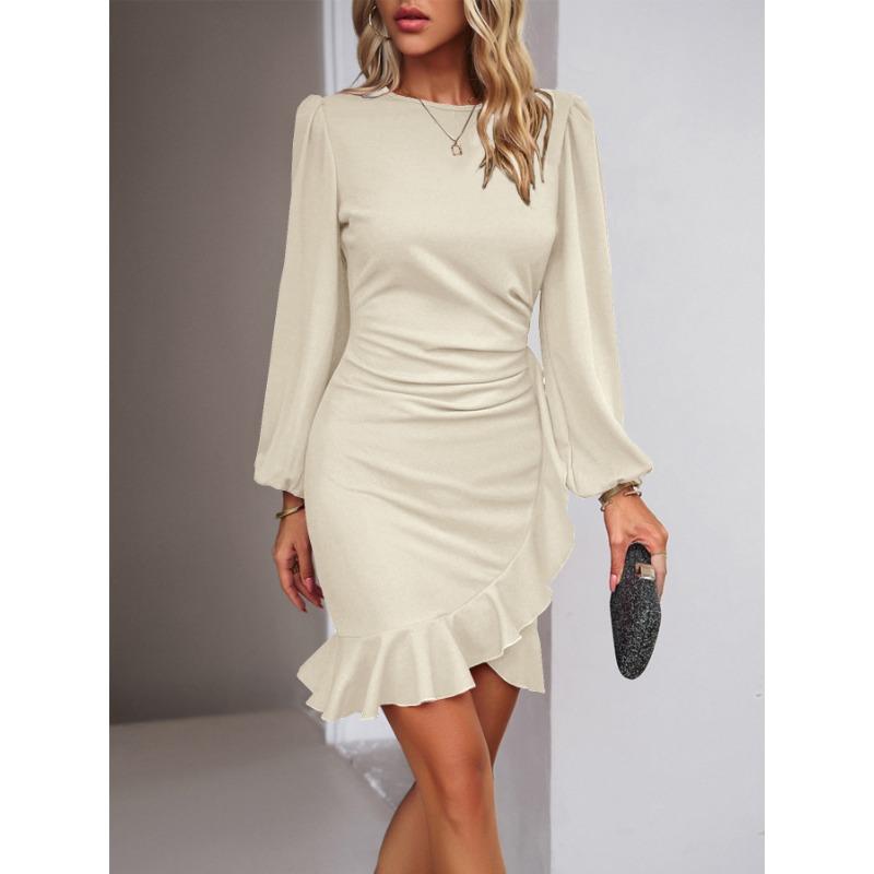 Outono Inverno Gola Redonda Elegante Moda Liso Babados Bodycon Vestido Mulher Lanterna Manga Longa Roupão Vestidos