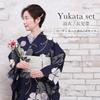 Kyoto Kimono Yuzen Women's Yukata and Obi Set (2-Piece Set) Floral Print Summer Kimono (Navy with Ball Pattern)