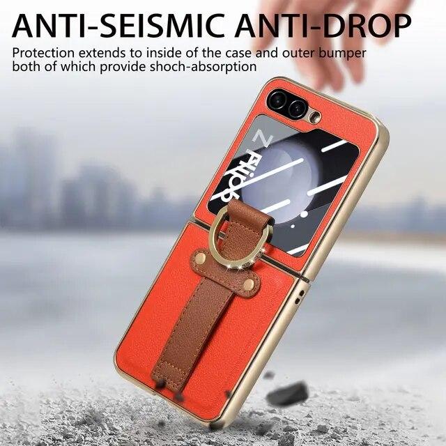 Anti-Knock Portable Bling Ring Case for Samsung Galaxy Z Flip 5 Flip4 Flip5 Flip 4 5G Leather Cell Phone Cover Glass Film