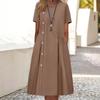 Summer O Neck Buttons A-line Loose Dress Short Sleeve Elegant Pleated Casual Dress Large Size Party Solid Color Fashion Ladies Female Simple Clothing