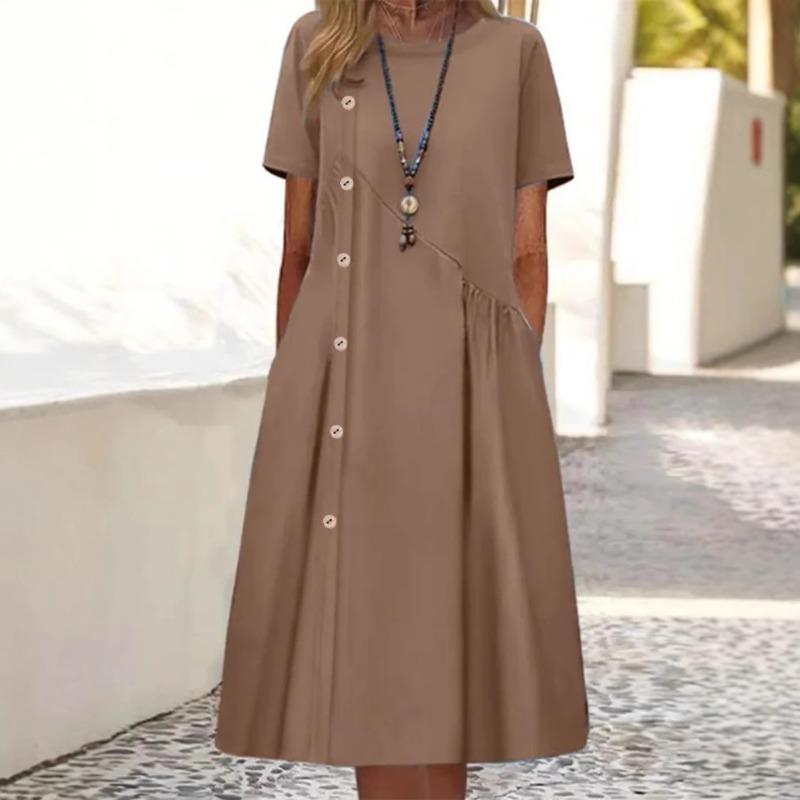 Summer O Neck Buttons A-line Loose Dress Short Sleeve Elegant Pleated Casual Dress Large Size Party Solid Color Fashion Ladies Female Simple Clothing