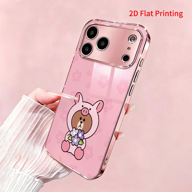 2DFlat electroplated tempered glass phone case,Cute Bear in Pink Hoodie with Flowers,suitable for iPhone 18 Pro Max 17 16 15 14 13 12 11