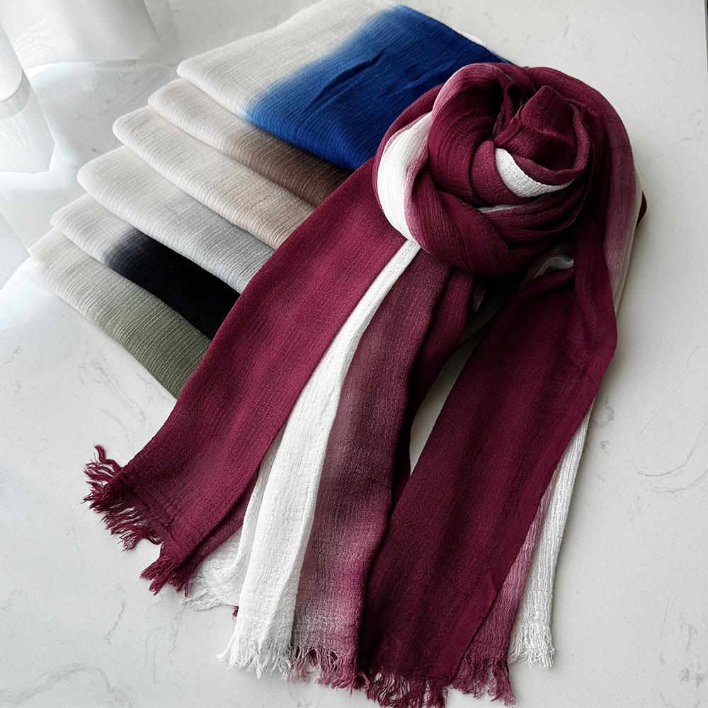 Personalized Hand-painted Cotton Scarf Women's Short Beard Gradual Change Color Travel Shawl Yunnan Dali Blue and White Tie-dyed Silk Scarf