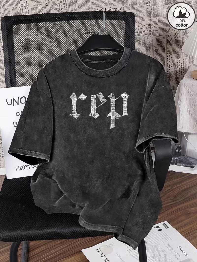 Vintage Washed Newspaper Gothic Rep Letter Graphic TShirt for Men Women Casual Short Sleeve Crew Neck Edgy Streetwear Tee S