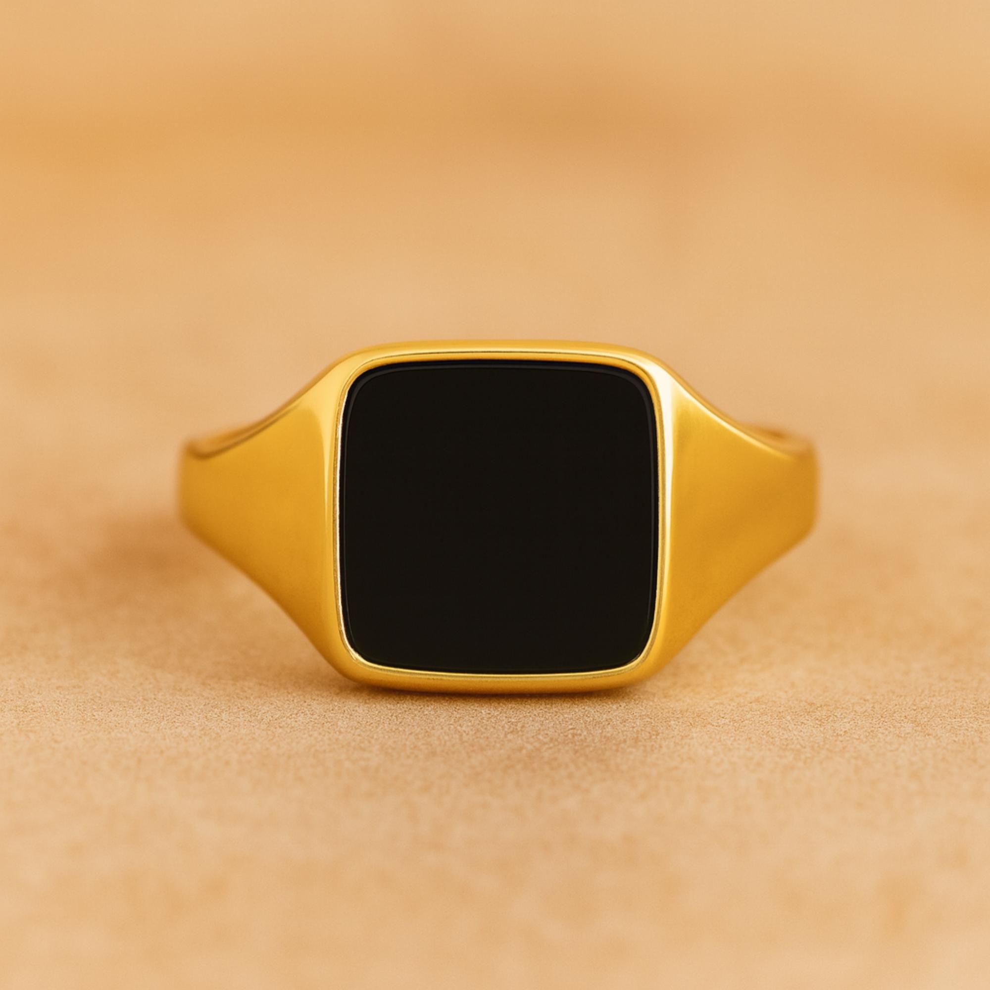 

Перстень-печатка из оникса квадратной огранки – Позолоченное серебро 925 пробы, кольцо-заявление с черным камнем для мужчин и женщин - Ювелирное изделие в стиле ар-деко, подарок Q розовый