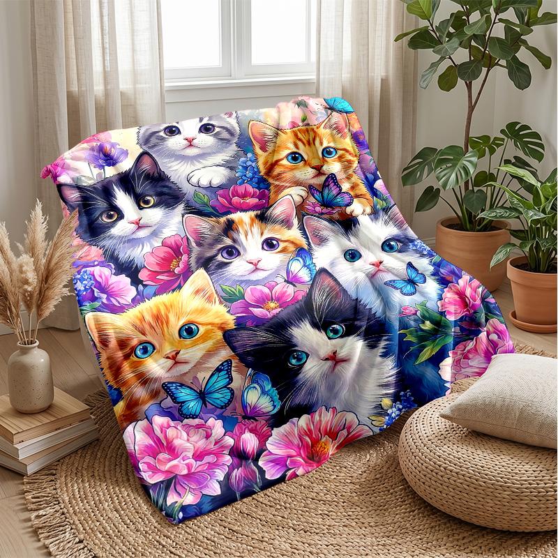 Floral Cats Tree Artwork Theme blanket Lightweight Warm Flannel Blanket Decorative Throw Blanket for Home Decoration