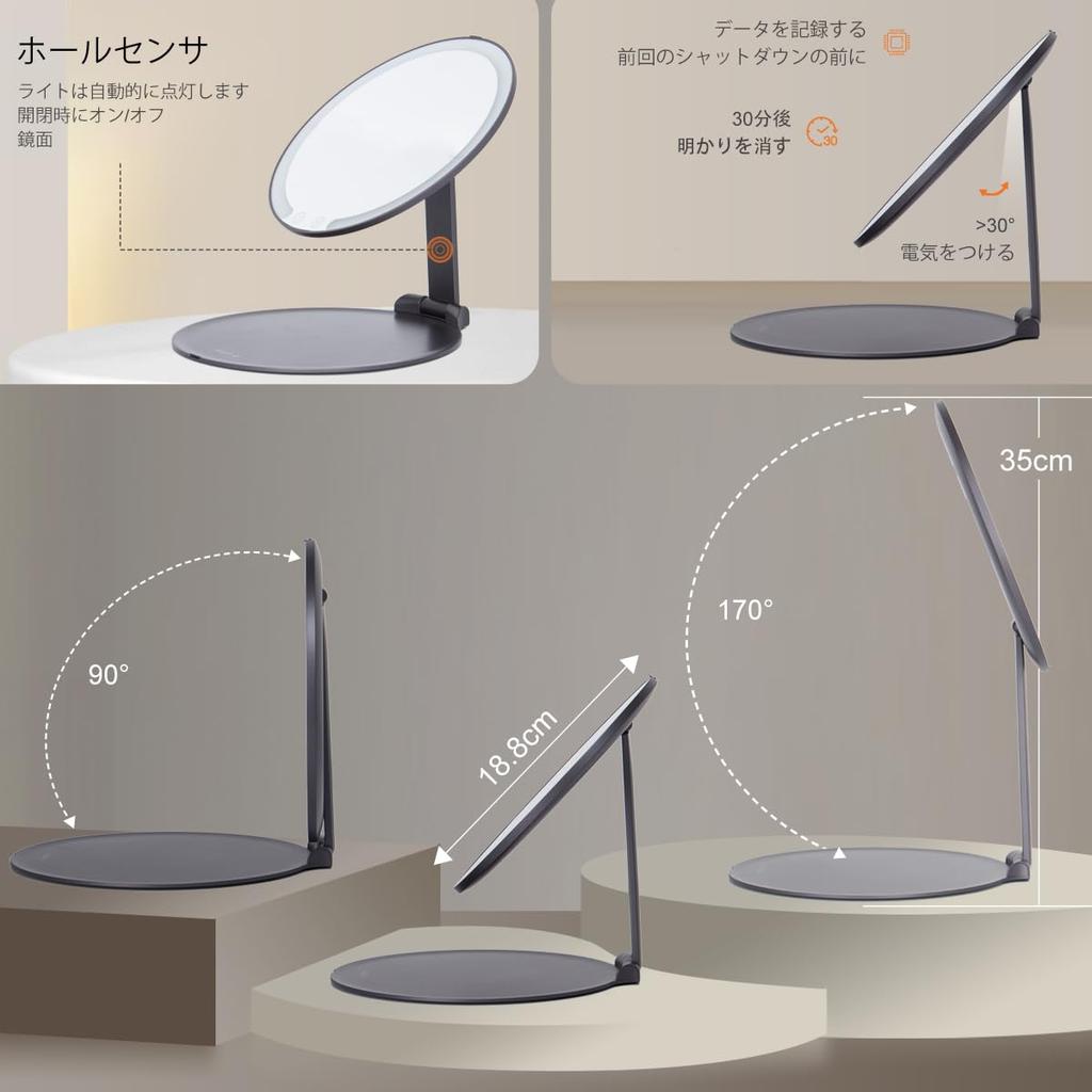 MILEDUO LED Make-up Faltbarer Tischspiegel mit Schauspieler Faltspiegel mit 12x Tasche 3 Stufenlos CRI Farbe HD Frei Einstellbar USB 20cm Grauer Spiegel,