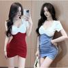 Summer Pure Desire Style Square Neck Sexy Cotton Contrasting Colors Spice Girl Sweet Slim Fit Short Sleeve Short Skirt Hip Wrap Dress