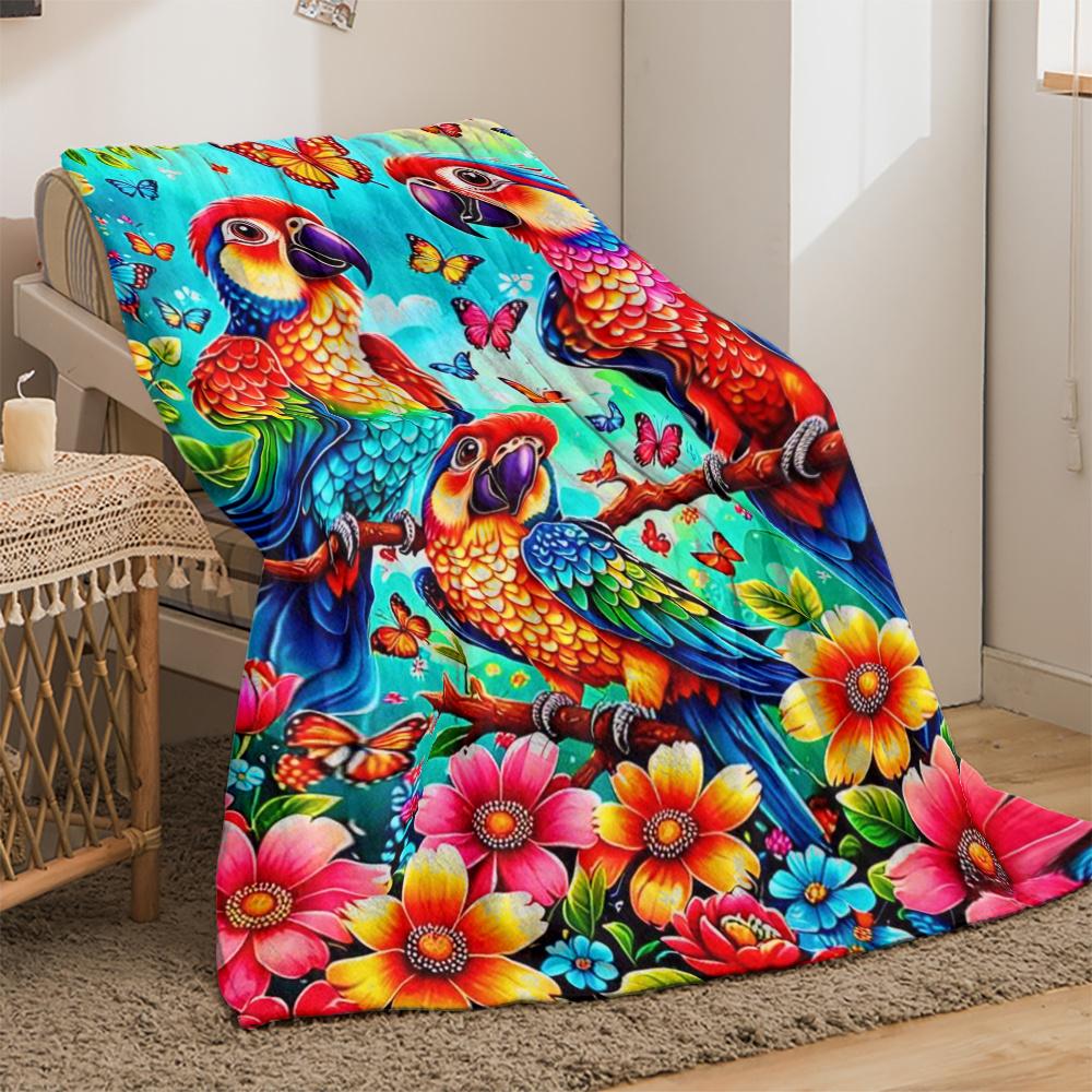 Colorful Parrot Butterfly Flower Jungle Blanket Soft Flannel Throw Tropical Bird Decor Exotic Nature Theme Bedding