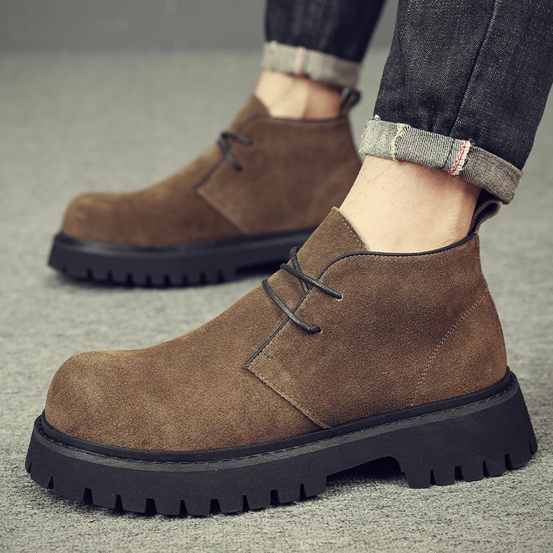 High-top leather shoes men's 2025 autumn new retro thick-soled heightened fur Martin boots genuine leather medium-top short boots